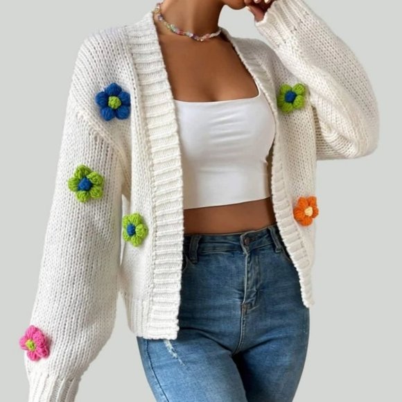 Flower Detailed Open front Knit Sweater Cardigan - Picture 5 of 6